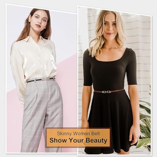 Preptep Women 2 Pack Skinny Belt for Dress,Thin Waist Belt - Adjustable Leather Belt with Gold Buckle - Image 4