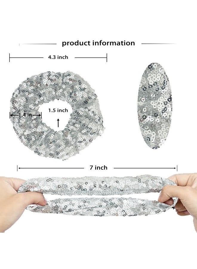 KOOMAGIC - 12 Pcs Sparkle Sequins Scrunchies Cheer Hair Scrunchies For Thick Hair School Performance Scrunchy Sports Ponytail Holder Wrist For Girls Cosplay Show (Silver) - Image 1
