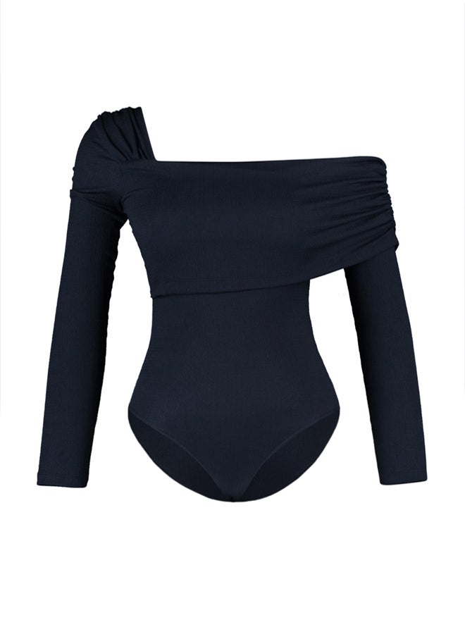 trendyol Black Asymmetrical Collar Detailed Draped Fitted/Body Fitted Knitted Body with Wrap Studs - Image 5