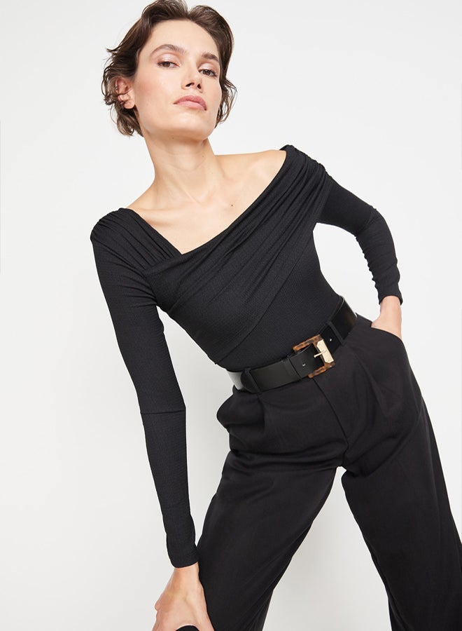 trendyol Black Asymmetrical Collar Detailed Draped Fitted/Body Fitted Knitted Body with Wrap Studs - Image 2