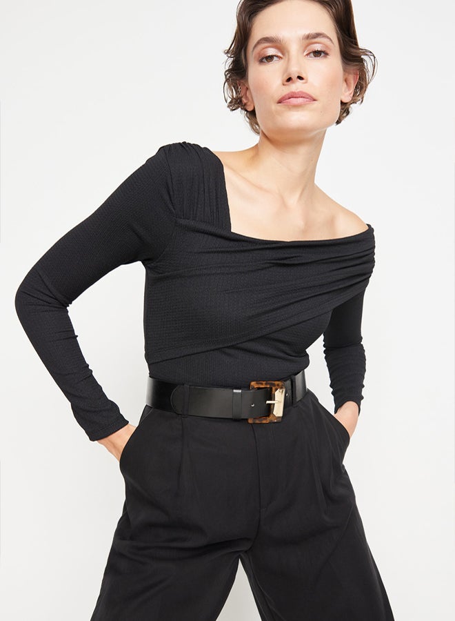 trendyol Black Asymmetrical Collar Detailed Draped Fitted/Body Fitted Knitted Body with Wrap Studs - Image 1