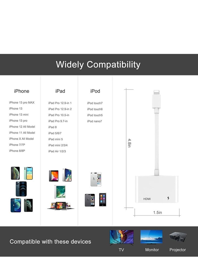 HDMI Adapter for iPhone,HDMI Sync Screen Converter, 1080P HDMI Digital AV Adapter with Charing Port,Compatible with iPhone 13/12/11/X/8/7/ iPad/ iPod to HD TV/Monitor/Projector. [No Need Power]  - Image 2