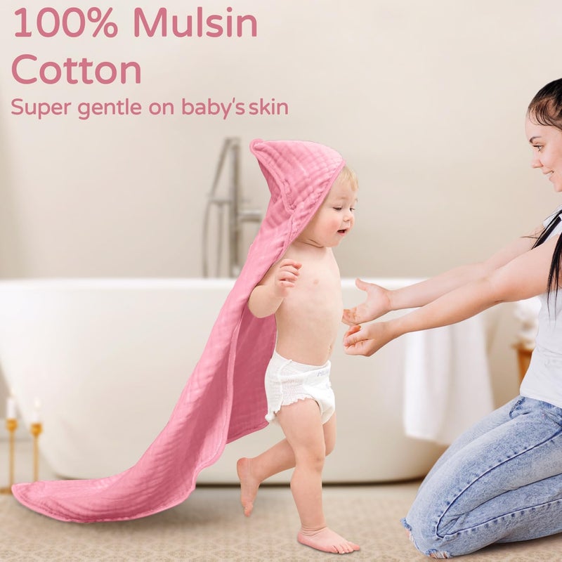 YOOFOSS Hooded Baby Towels for Newborn 2 Pack 100% Muslin Organic Cotton Baby Bath Towel with Hood for Babies, Infant, Toddler and Kids, 32x32Inch, Soft and Absorbent Newborn Essential,White and Pink - Image 2