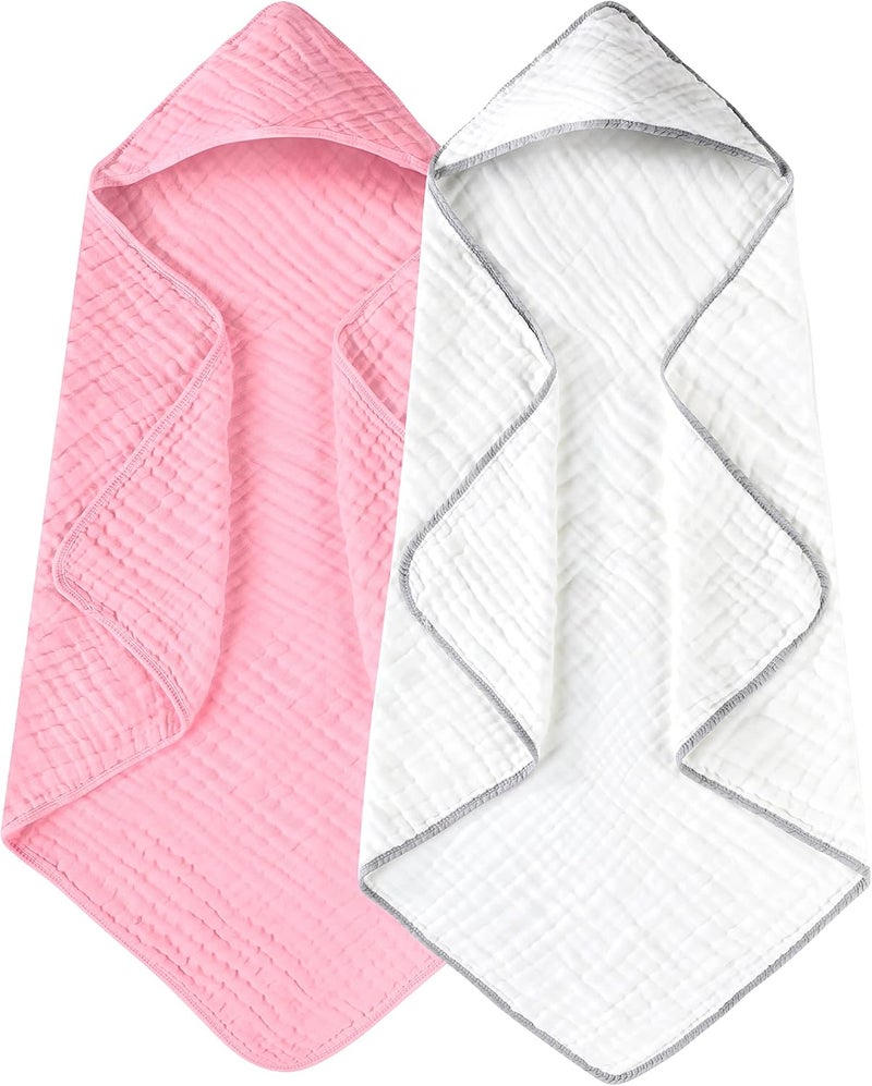 YOOFOSS Hooded Baby Towels for Newborn 2 Pack 100% Muslin Organic Cotton Baby Bath Towel with Hood for Babies, Infant, Toddler and Kids, 32x32Inch, Soft and Absorbent Newborn Essential,White and Pink - Image 1