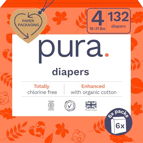 Pura Sensitive Skin Baby Diapers | Size 4 (18-31 lbs) | Hypoallergenic, Totally Chlorine Free, Fragrance Free, Up to 12-Hour Leak Protection | 6 Packs of 22 (132 Diapers) - Image 1
