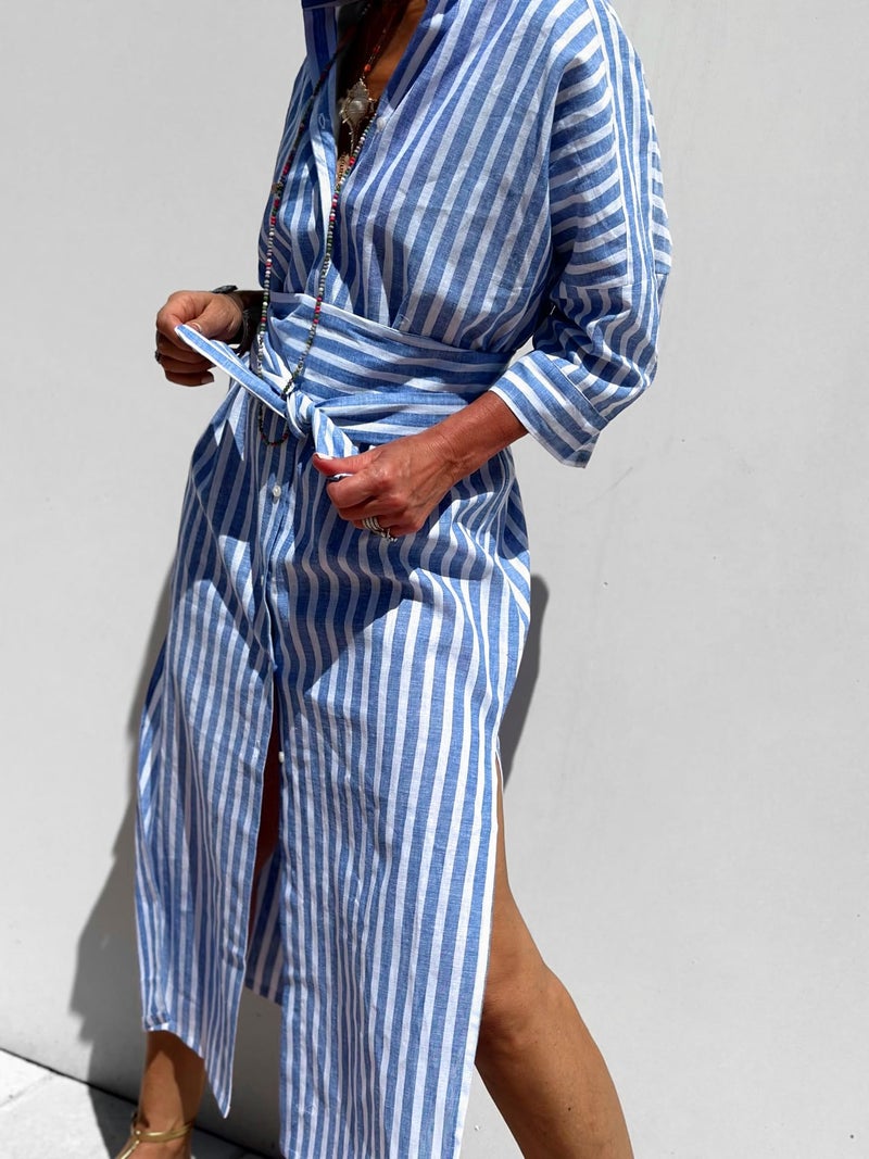 utcoco Womens 2026 Shirt Dress Casual Lapel 3/4 Sleeve Button Down Split Belted Vacation Maxi Dress (Small, Blue Striped) - Image 3