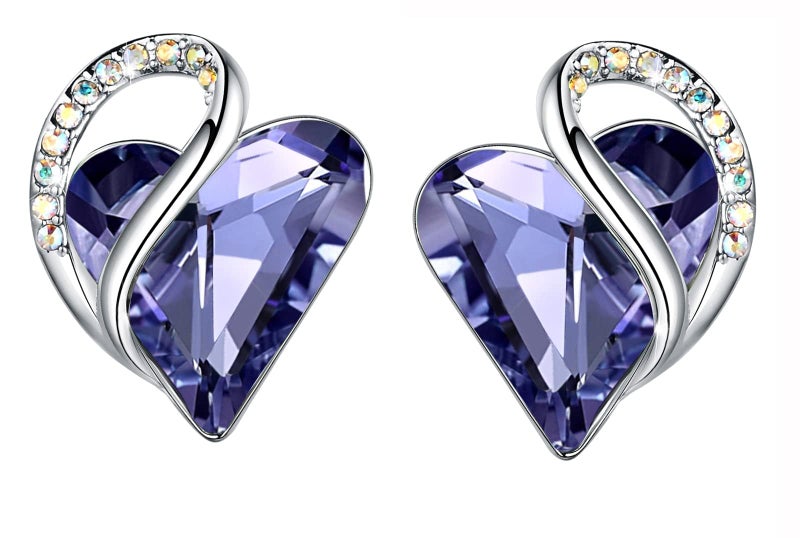Leafael February Birthstone Crystal Earrings for Women, Tanzanite Purple Stone Stud Pierced Earring, Silver Plated Heart Gifts for Mom, Wife, and Her - Image 1