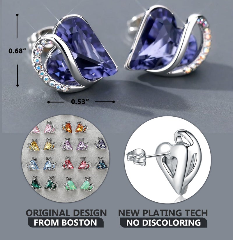 Leafael February Birthstone Crystal Earrings for Women, Tanzanite Purple Stone Stud Pierced Earring, Silver Plated Heart Gifts for Mom, Wife, and Her - Image 3
