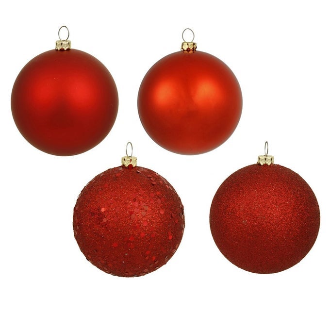 6 RED 4FINISH BALL CHRISTMAS ORNAMENT SET SHATTERPROOF PLASTIC 4 ORNAMENTS PER BOX READY TO HANG SEASONAL HOLIDAY DECORATIONS VARIETY PACK