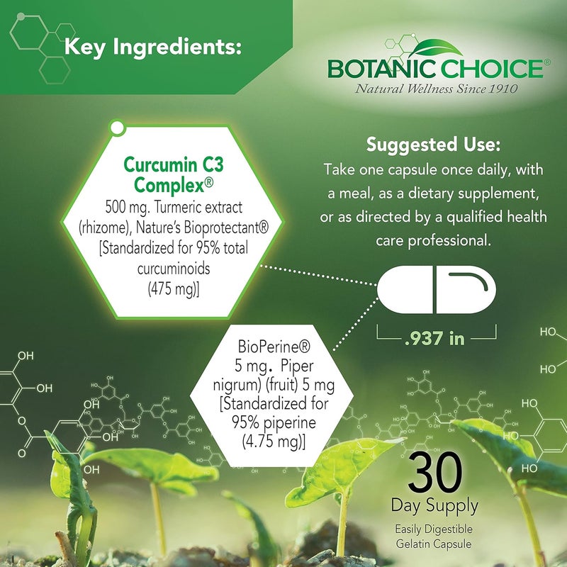 Botanic Choice Curcumin C3 Complex with Bioperine  Adult Daily Supplement  30 Pills - Image 3