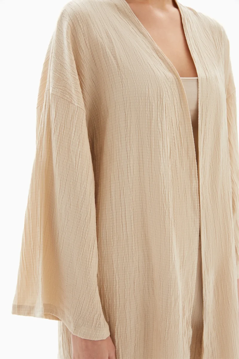 Wecre8 Beige Textured Set of Kimono with Trousers By WECRE8