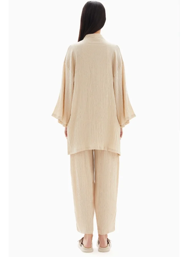 Wecre8 Beige Textured Set of Kimono with Trousers