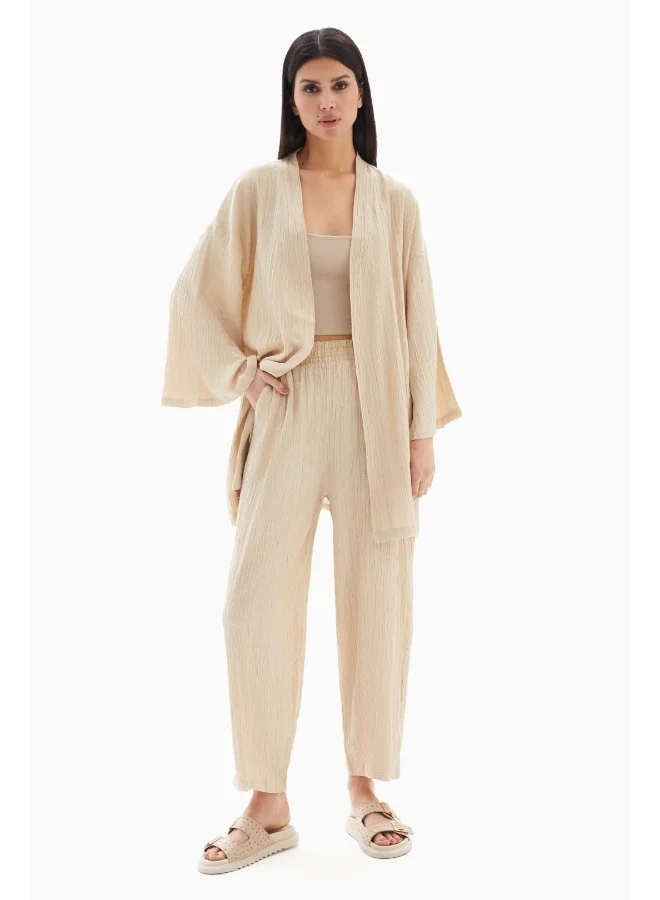 Wecre8 Beige Textured Set of Kimono with Trousers