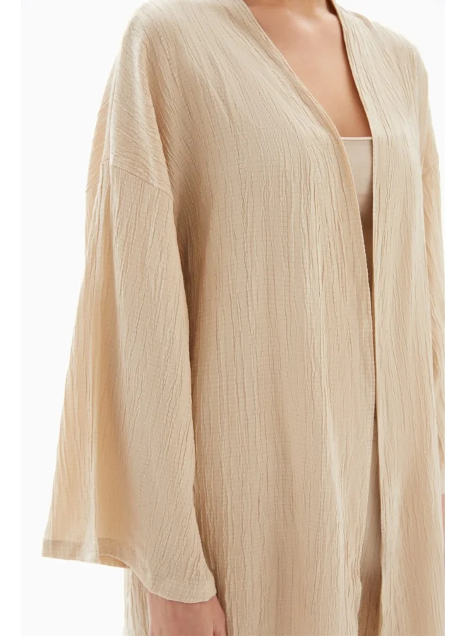 Wecre8 Beige Textured Set of Kimono with Trousers