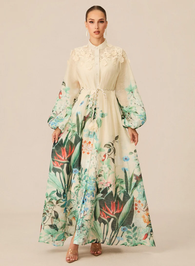 Sunfere Raina Floral Print Puff Sleeve Maxi Dress