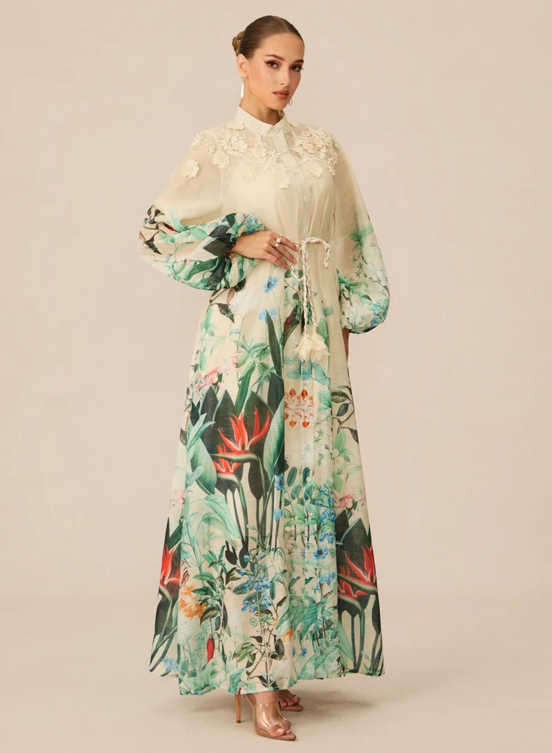 Sunfere Raina Floral Print Puff Sleeve Maxi Dress
