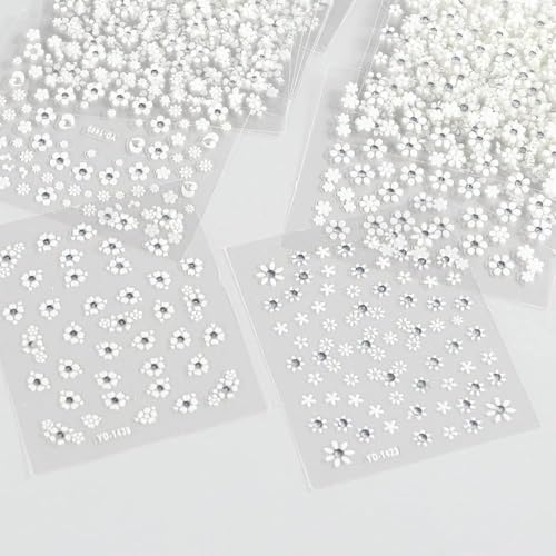 INOG 30 Sheet Mini Flower Nail Art Stickers - Colorful Daisy Designs, Self-Adhesive, Embossed Embellishments for Nail Extension (White) - Image 4