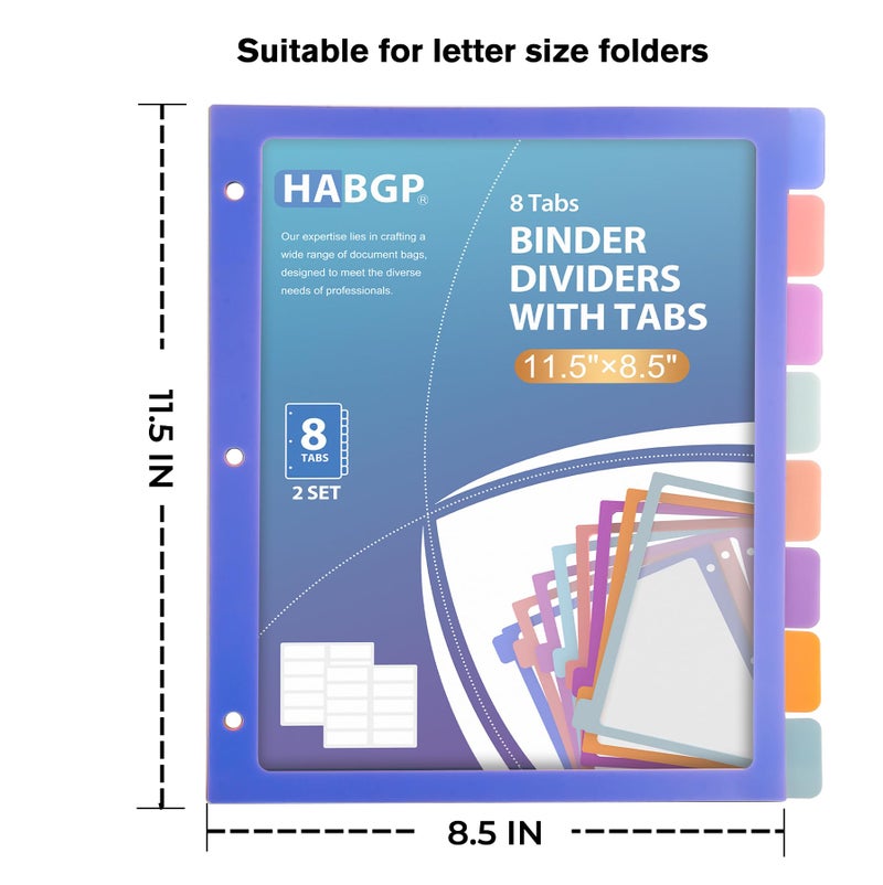 HABGP 2 Set 8 Tab Binder Dividers for 3 Ring, Plastic Binder Dividers with Tabs Letter Size Multicolor, Pastel Colors 3 Hole Punch Clear Page Folder Dividers File Organizer - Image 3