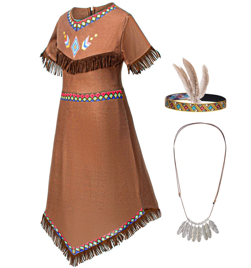 TOGROP Native American Costume Girls Dress Indigenous American Indians Kids Cosplay 3-4T Brown - Image 3