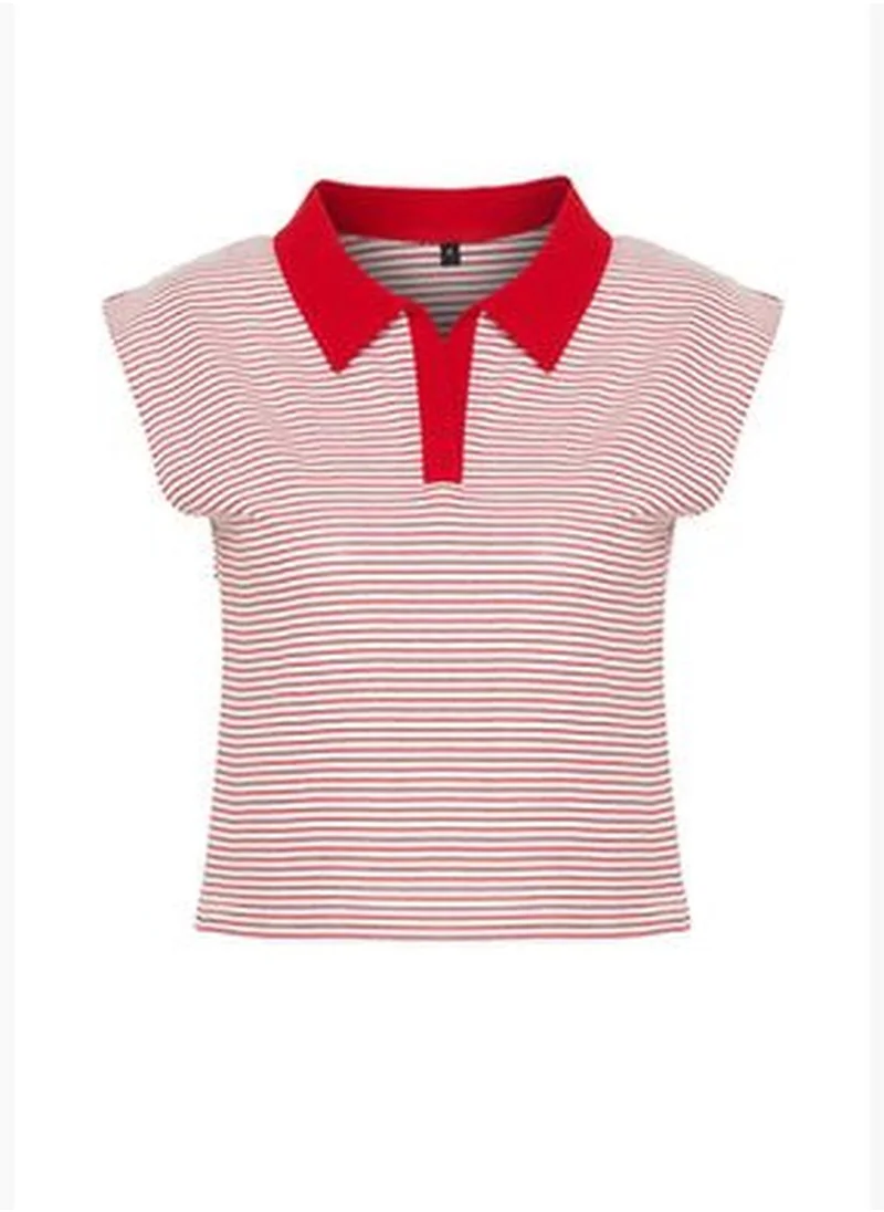 trendyol Red Striped Polo Neck Regular/Normal Pattern Knitted T-Shirt