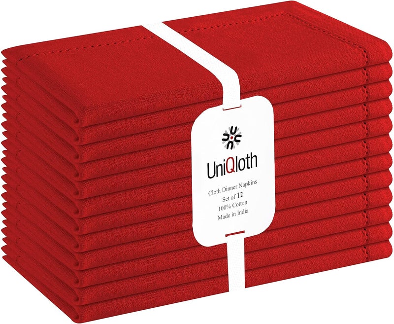 UniQloth Set of 12 Hemstitch Cloth Dinner Napkins Cotton  Soft Durable Washable Reusable  Ideal for Farmhouse Parties Weddings Holidays Hotel Restaurant Daily Use Table Dinner Napkins 18x18 Red - Image 1