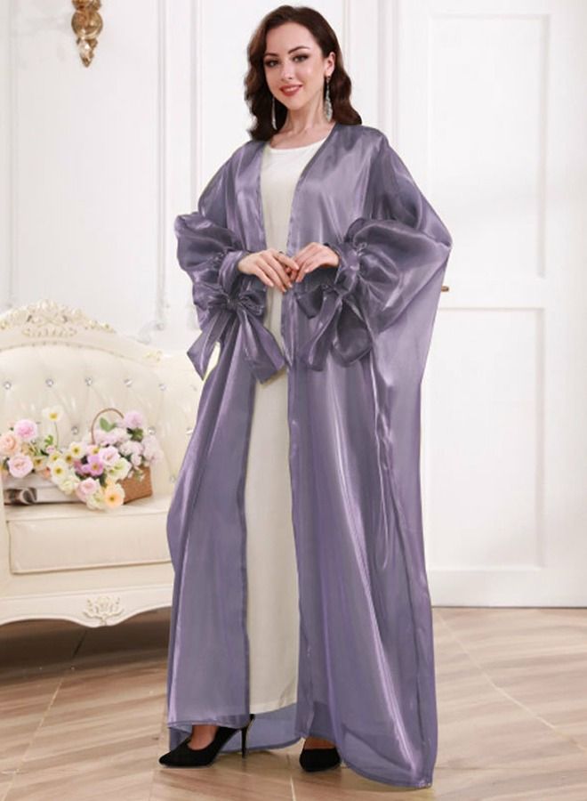 Loquat Women's Solid Color Puff Sleeve Abaya Elegant Long Cardigan Purple 