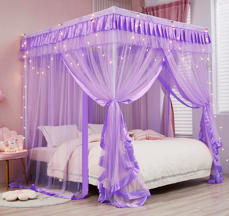 Mengersi Canopy Bed Curtains Queen Size - Bed Canopy Curtains - 4 Opening Canopy for Bed- Cute Princess Bedroom Decoration Gift (Purple, Queen) - Image 4