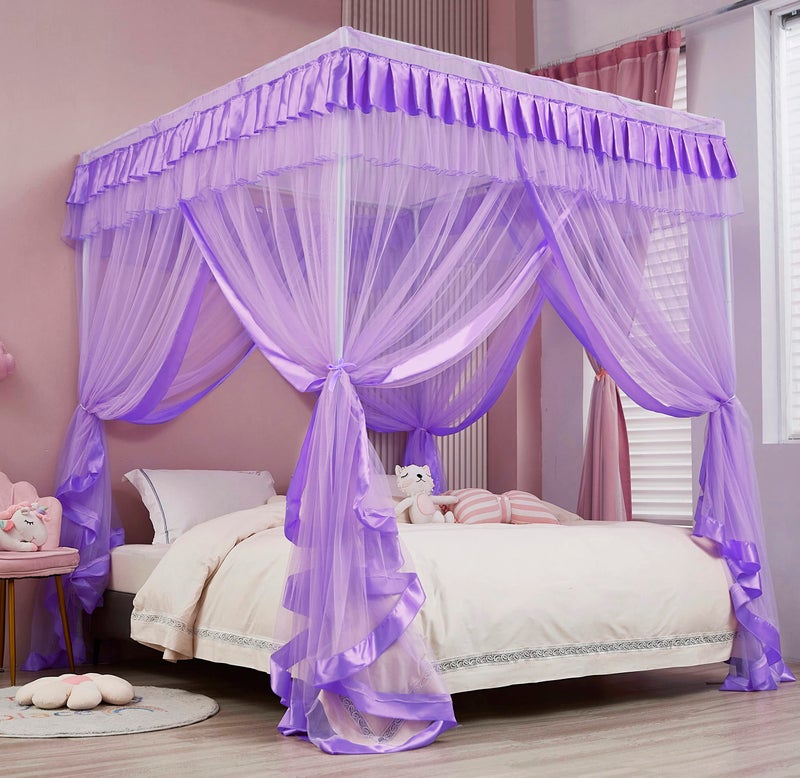 Mengersi Canopy Bed Curtains Queen Size - Bed Canopy Curtains - 4 Opening Canopy for Bed- Cute Princess Bedroom Decoration Gift (Purple, Queen) - Image 1