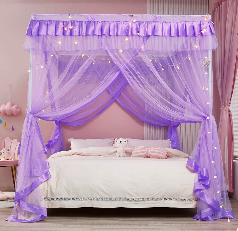 Mengersi Canopy Bed Curtains Queen Size - Bed Canopy Curtains - 4 Opening Canopy for Bed- Cute Princess Bedroom Decoration Gift (Purple, Queen) - Image 3