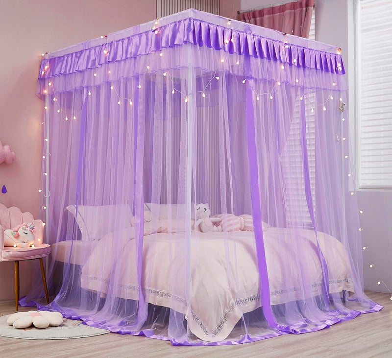 Mengersi Canopy Bed Curtains Queen Size - Bed Canopy Curtains - 4 Opening Canopy for Bed- Cute Princess Bedroom Decoration Gift (Purple, Queen) - Image 2