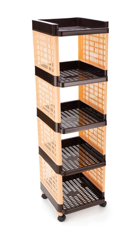 Finner Square 5 Layer Multipurpose Shelf Stand Basket Rack Trolley with Wheels for Kitchen Office Use EasytoMove Slide Out Stand Rack Basket Fruits Vegetables Basket StandBrown - Image 1