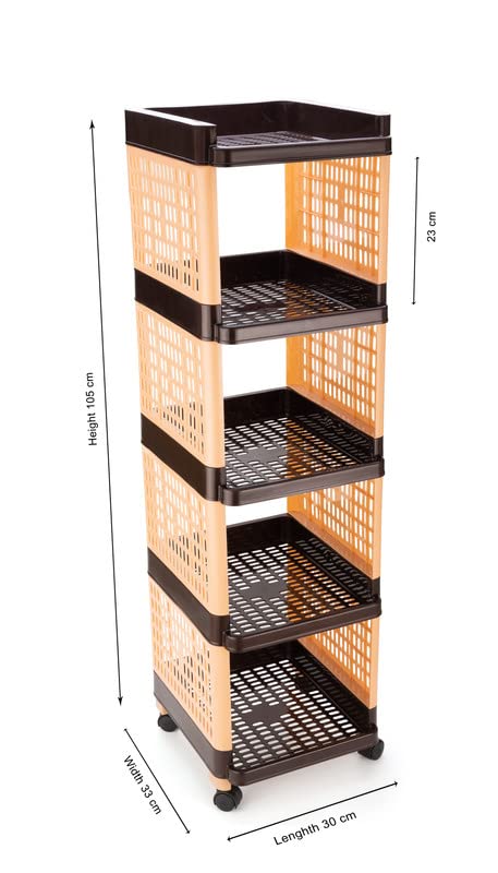 Finner Square 5 Layer Multipurpose Shelf Stand Basket Rack Trolley with Wheels for Kitchen Office Use EasytoMove Slide Out Stand Rack Basket Fruits Vegetables Basket StandBrown - Image 5