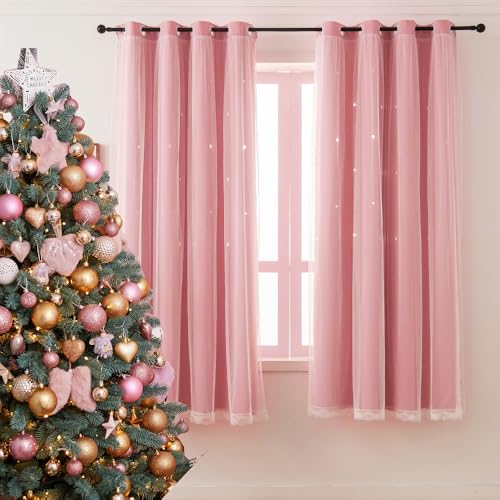 Ftinala Pink Blackout Curtains for Girls Bedroom Cute - Aesthetic Star Cutout Double Layer with Sheer Overlay, 63 Inch Length 1 Panel Baby Nursery Curtains Kids Room Decor Drapes - Image 5