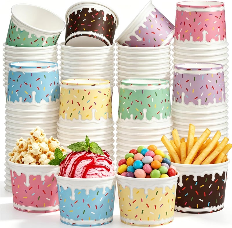 Aodaer 120 Pack Ice Cream Cups 8oz Sprinkles Paper Ice Cream Bowls 6 Color Disposable Snack Bowls Party Supplies Treat Cups for Sundae, Frozen Yogurt, Dessert - Image 1