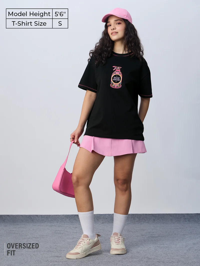 The Souled Store  The Souled Store Nazar Repellent: Women and Girls Short Sleeves Round Neck Embroidered Cotton Oversized Lightweight Everyday Streetwear T-Shirt  | Best Price UAE