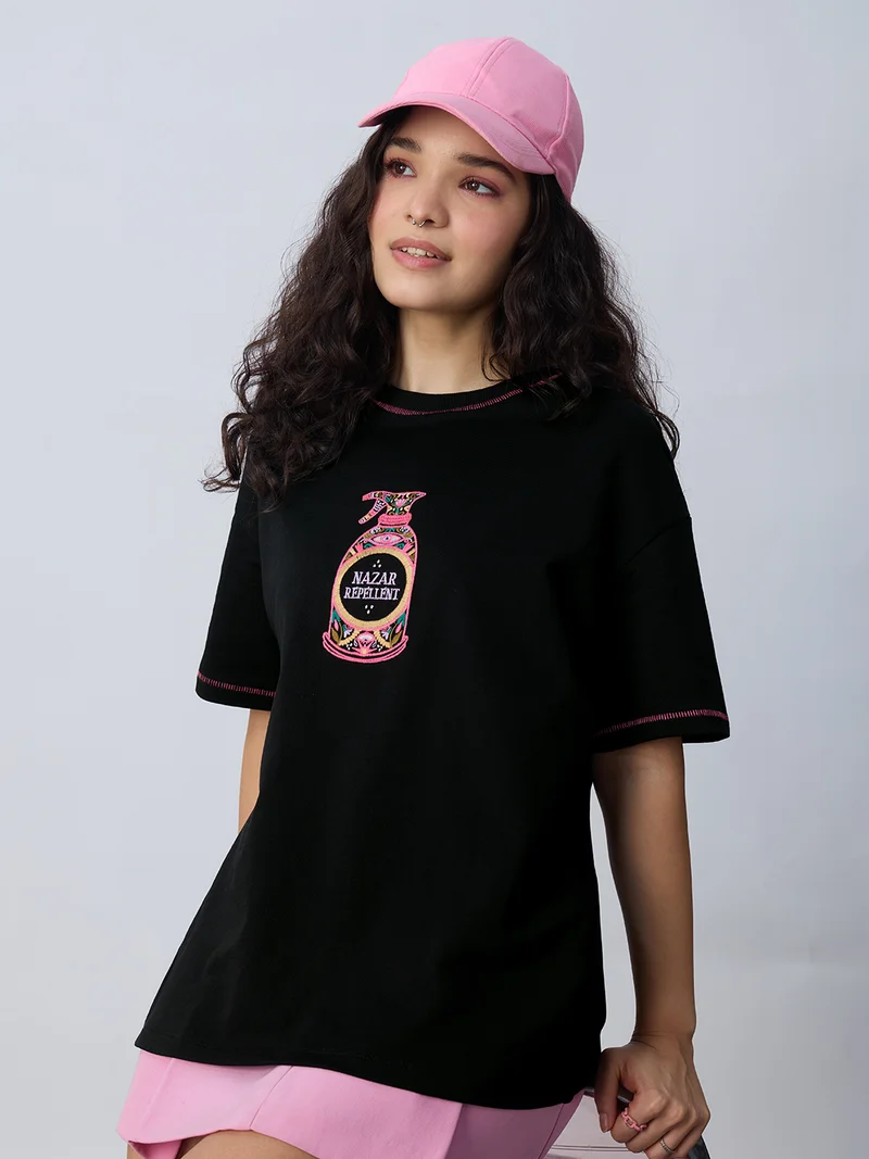 The Souled Store Nazar Repellent: Women and Girls Short Sleeves Round Neck Embroidered Cotton Oversized Lightweight Everyday Streetwear T-Shirt