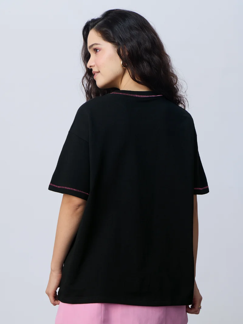The Souled Store  The Souled Store Nazar Repellent: Women and Girls Short Sleeves Round Neck Embroidered Cotton Oversized Lightweight Everyday Streetwear T-Shirt  | Best Price UAE