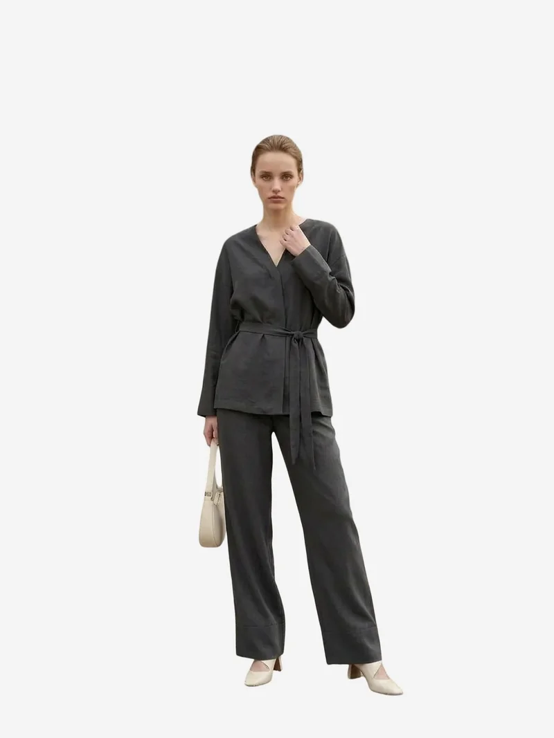 My Fashion Charcoal Grey MY FASHION Belted V-neck Long Sleeve Two-Piece Set for Women | Best Price UAE