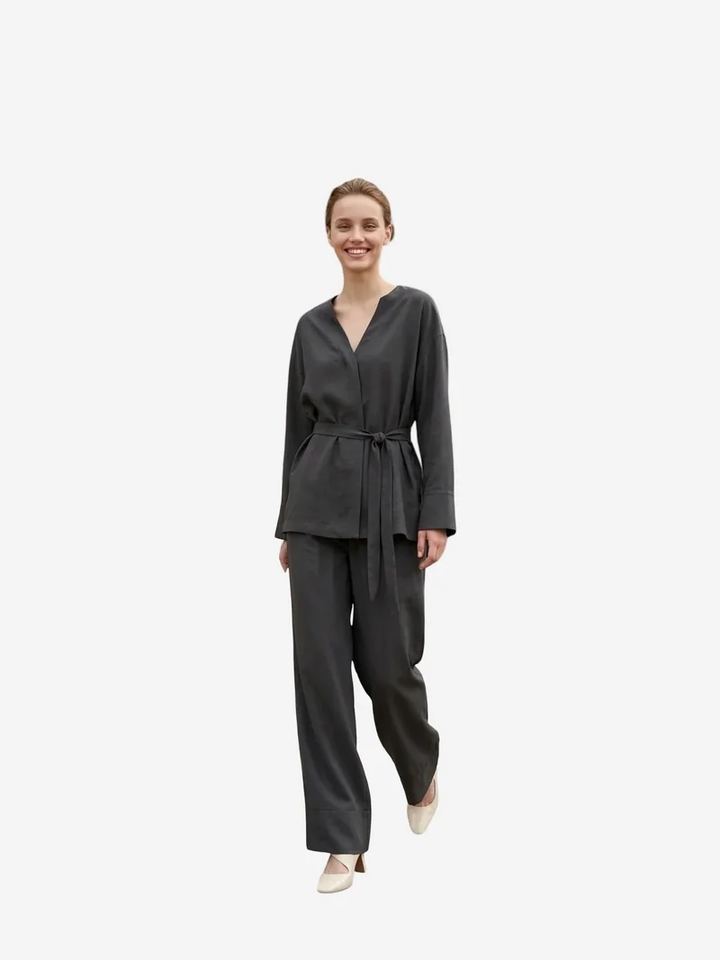 ماي فاشن MY FASHION Belted V-neck Long Sleeve Two-Piece Set