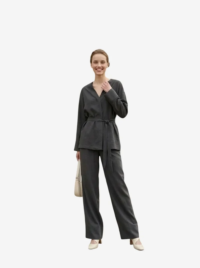 ماي فاشن MY FASHION Belted V-neck Long Sleeve Two-Piece Set
