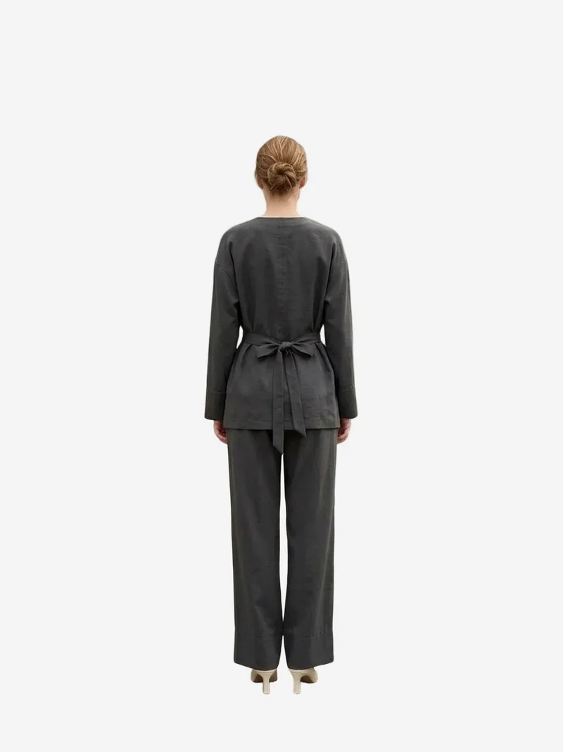 My Fashion Charcoal Grey MY FASHION Belted V-neck Long Sleeve Two-Piece Set for Women | Best Price UAE