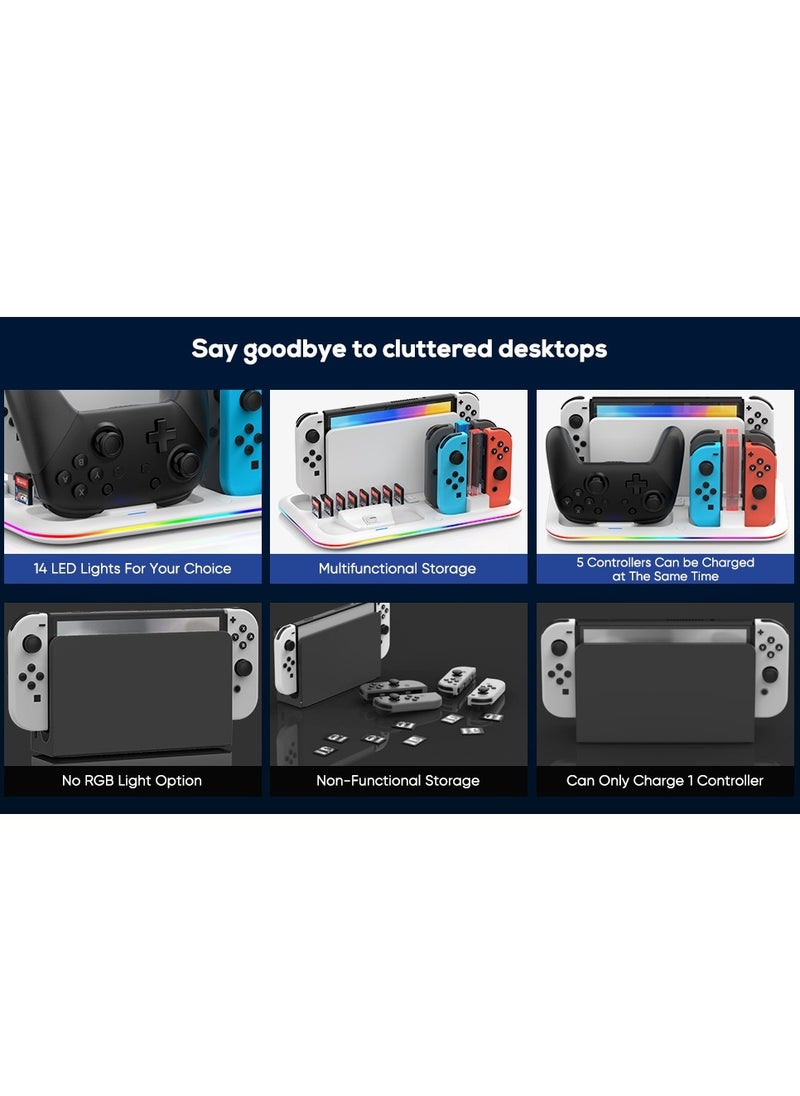 Generic - RGB Switch Controller Charger Dock Station, suitable for Nintendo Switch & OLED Model Joycon, Stand for 4 Joy Cons and Switch Pro Controller with LED Charging Indicator and 8 Game Slots - Image 1