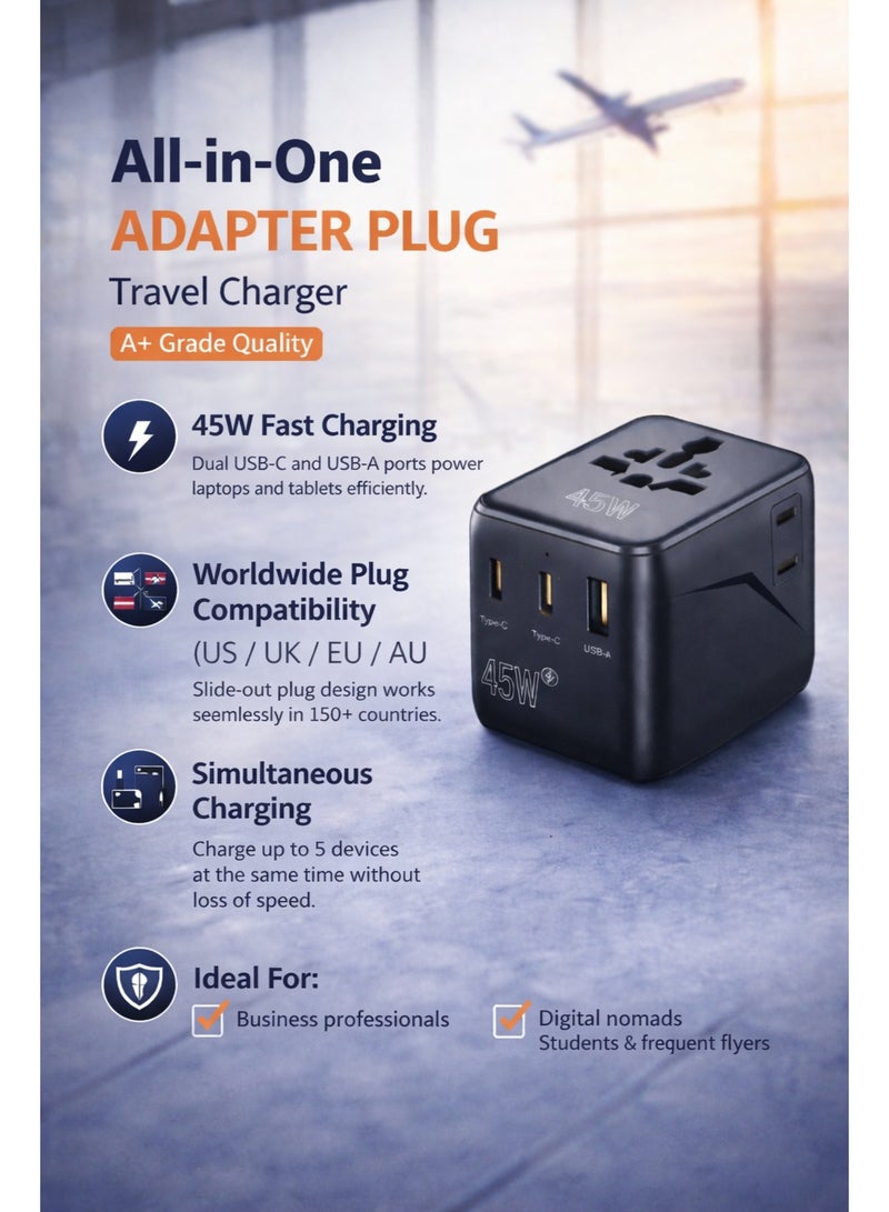 محول سفر عالمي بقدرة 45 واط، محول قابس دولي شامل مع منفذ USB-C ومنفذ USB-A، محول طاقة للشحن السريع للولايات المتحدة والمملكة المتحدة والاتحاد الأوروبي وأستراليا، شاحن آمن متعدد الحماية - Image 1