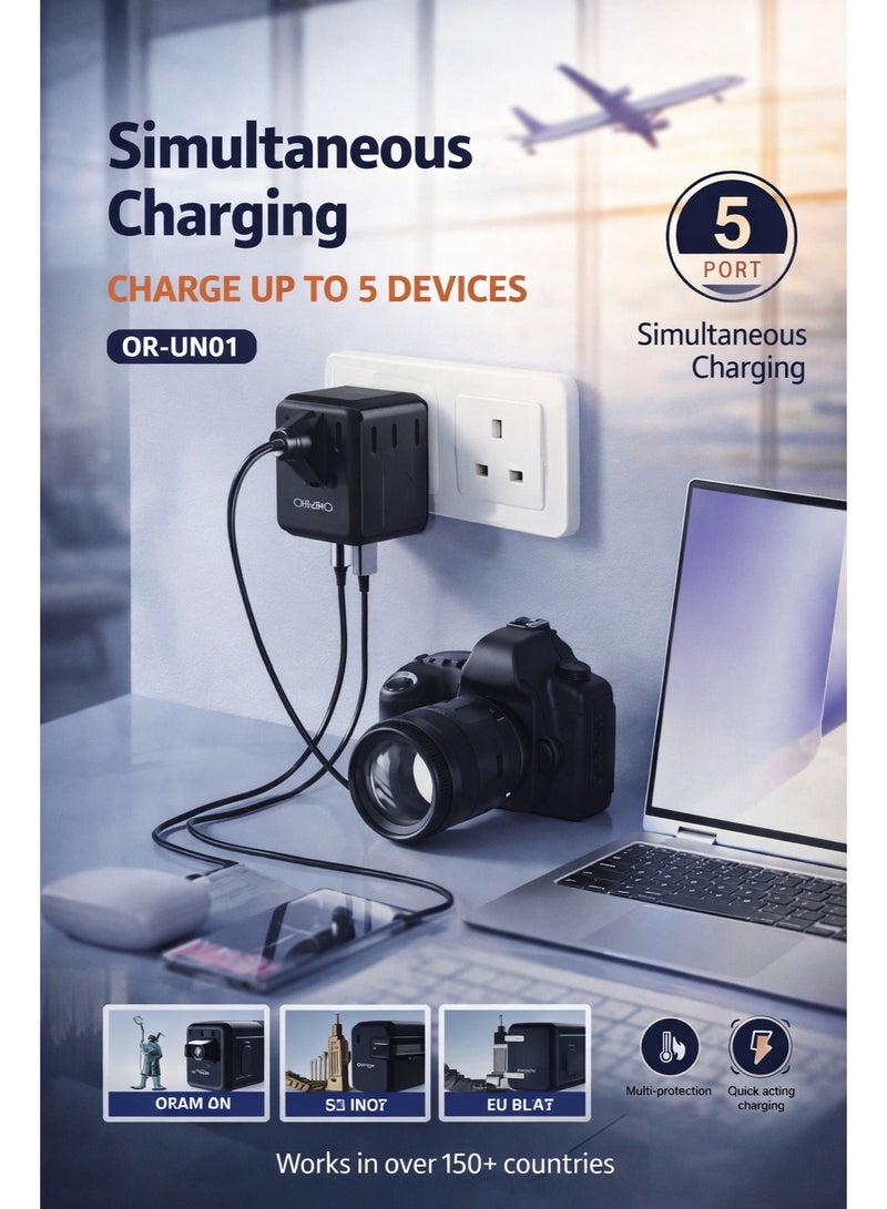 محول سفر عالمي بقدرة 45 واط، محول قابس دولي شامل مع منفذ USB-C ومنفذ USB-A، محول طاقة للشحن السريع للولايات المتحدة والمملكة المتحدة والاتحاد الأوروبي وأستراليا، شاحن آمن متعدد الحماية - Image 3
