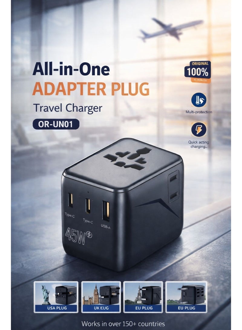 محول سفر عالمي بقدرة 45 واط، محول قابس دولي شامل مع منفذ USB-C ومنفذ USB-A، محول طاقة للشحن السريع للولايات المتحدة والمملكة المتحدة والاتحاد الأوروبي وأستراليا، شاحن آمن متعدد الحماية - Image 4