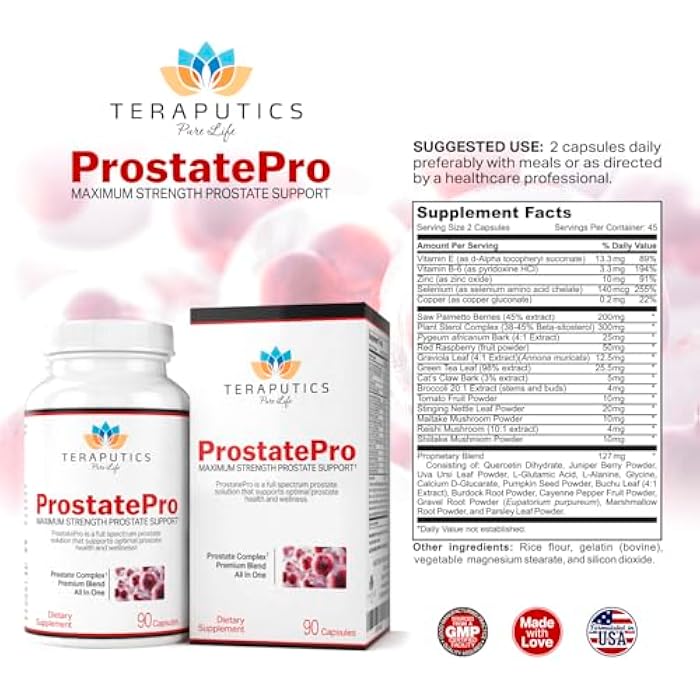 Teraputics ProstatePro - 33 Herbs Saw Palmetto Prostate Health Supplements For Men | Reduce Urination | Hair Growth w/ DHT Blocker | Beta Sitosterol, Pygeum and Saw Palmetto for Men Prostate Support, 90 Capsules - Image 2