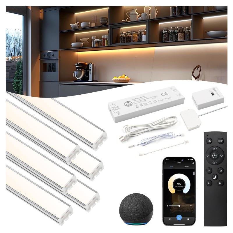 VST Smart Under Cabinet Lighting 6 Bars - UL Listed CRI 93+ Adjustable COB Strip Lights, Alexa & Google Home Compatible, App/Voice/Hand Wave Control for Kitchen Cabinets & Closets - Image 1