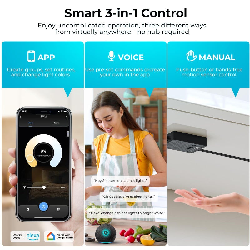 VST Smart Under Cabinet Lighting 6 Bars - UL Listed CRI 93+ Adjustable COB Strip Lights, Alexa & Google Home Compatible, App/Voice/Hand Wave Control for Kitchen Cabinets & Closets - Image 3