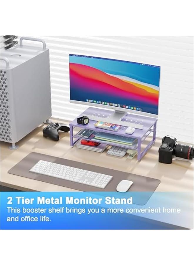 Arabest 2-Tier Metal Monitor Stand Riser, Office Desk Storage Organizer for Computer Monitor, Laptop, Printer, Office Supplies (Purple)  - Image 2