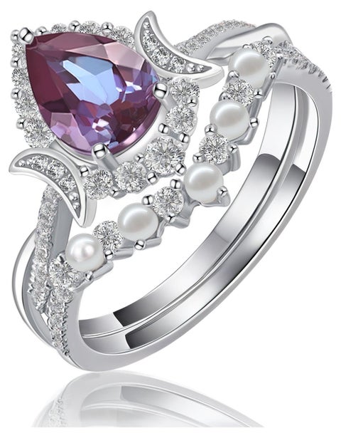 925 Sterling Silver 18K White Gold Plated Alexandrite Engagement Ring